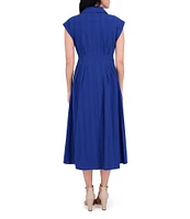 Kensie Stripe Cotton Point Collar V-Neck Cap Dolman Sleeve Smocked Pleated Midi A-Line Dress