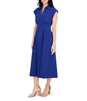Kensie Stripe Cotton Point Collar V-Neck Cap Dolman Sleeve Smocked Pleated Midi A-Line Dress