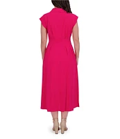 Kensie Stripe Cotton Point Collar V-Neck Cap Dolman Sleeve Smocked Pleated Midi A-Line Dress