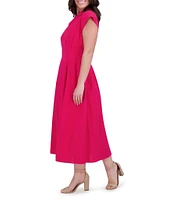 Kensie Stripe Cotton Point Collar V-Neck Cap Dolman Sleeve Smocked Pleated Midi A-Line Dress