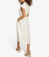 Kensie Stripe Cotton Point Collar V-Neck Cap Dolman Sleeve Smocked Pleated Midi A-Line Dress