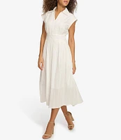 Kensie Stripe Cotton Point Collar V-Neck Cap Dolman Sleeve Smocked Pleated Midi A-Line Dress