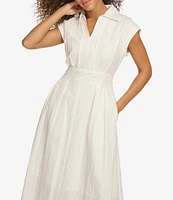 Kensie Stripe Cotton Point Collar V-Neck Cap Dolman Sleeve Smocked Pleated Midi A-Line Dress