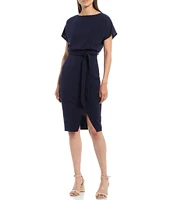 Kensie Textured Knit Boat Neck Self-Tie Waist Faux Wrap Blouson Dress