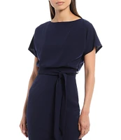 Kensie Textured Knit Boat Neck Self-Tie Waist Faux Wrap Blouson Dress