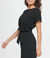 Kensie Textured Knit Boat Neck Self-Tie Waist Faux Wrap Blouson Dress