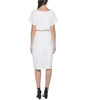 Kensie Textured Knit Boat Neck Self-Tie Waist Faux Wrap Blouson Dress