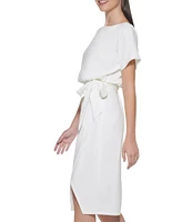Kensie Textured Knit Boat Neck Self-Tie Waist Faux Wrap Blouson Dress