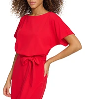 Kensie Textured Knit Boat Neck Self-Tie Waist Faux Wrap Blouson Dress
