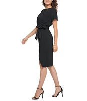 Kensie Textured Knit Boat Neck Self-Tie Waist Faux Wrap Blouson Dress