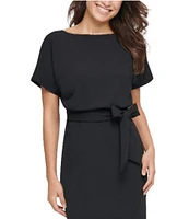 Kensie Textured Knit Boat Neck Self-Tie Waist Faux Wrap Blouson Dress