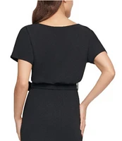 Kensie Textured Knit Boat Neck Self-Tie Waist Faux Wrap Blouson Dress