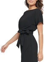 Kensie Textured Knit Boat Neck Self-Tie Waist Faux Wrap Blouson Dress