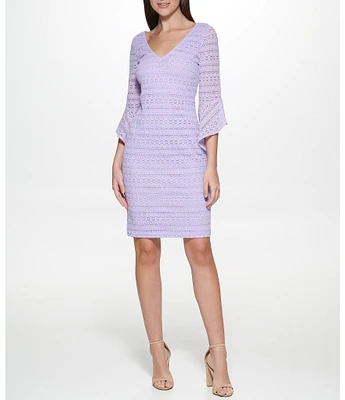 Kensie V-Neck Bell 3/4 Sleeve Stretch Lace Sheath Dress