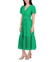Kensie V-neck Short Sleeve Twist Front Flounce Hem Cotton Eyelet A-Line Midi Dress