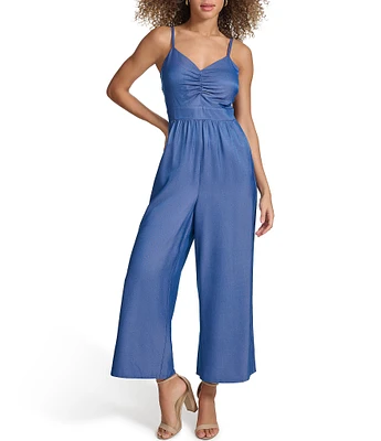 Kensie V-Neck Sleeveless Spaghetti Strap Elastic Bodice Side Pocket Wide Leg Jumpsuit