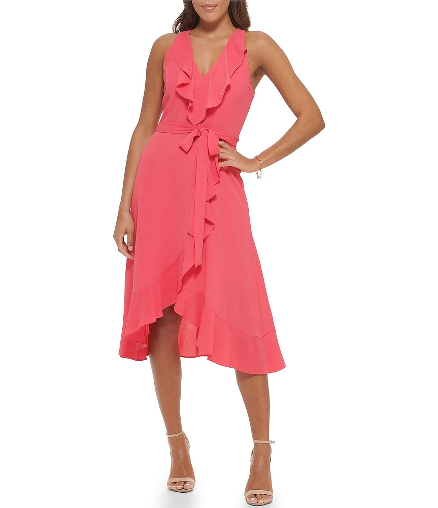 Kensie V-Neck Sleeveless Tie Waist Ruffled Pebble Crepe Dress