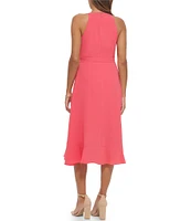 Kensie V-Neck Sleeveless Tie Waist Ruffled Pebble Crepe Dress