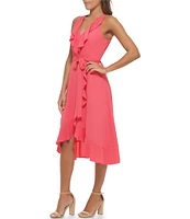 Kensie V-Neck Sleeveless Tie Waist Ruffled Pebble Crepe Dress