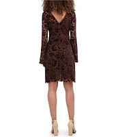 Kensie Velvet Lace V-Neck Long Bell Sleeve Mini Dress