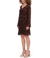 Kensie Velvet Lace V-Neck Long Bell Sleeve Mini Dress