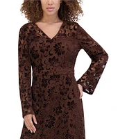 Kensie Velvet Lace V-Neck Long Bell Sleeve Mini Dress