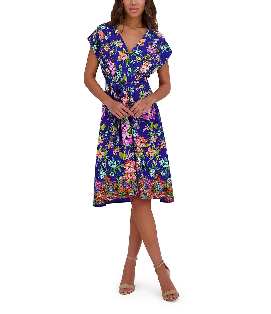 Kensie Woven Floral Print V-Neck Short Sleeve A-Line Mini Dress