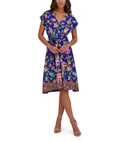 Kensie Woven Floral Print V-Neck Short Sleeve A-Line Mini Dress