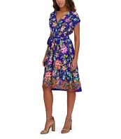 Kensie Woven Floral Print V-Neck Short Sleeve A-Line Mini Dress