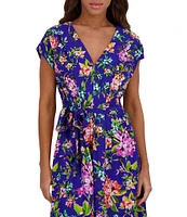 Kensie Woven Floral Print V-Neck Short Sleeve A-Line Mini Dress