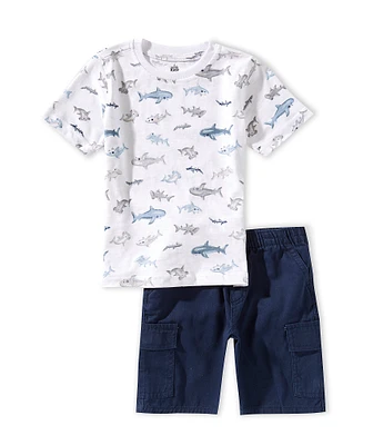 Kids Headquarters Little Boys 2T-7 Short-Sleeve Shark-Print T-Shirt & Solid Cargo Shorts Set