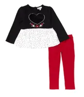 Kids Headquarters Little Girls 2T-4T Heart Motif French Terry/Printed Georgette Flyaway-Skirted Dress & Solid Knit Leggings Set