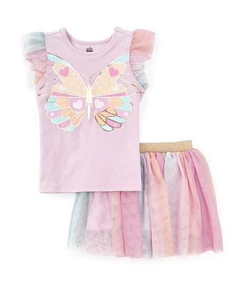 Kids Headquarters Little Girls 2T-6X Flutter-Sleeve Foiled Butterfly Screenprint Knit T-Shirt & Rainbow Mesh Tutu Skort Set