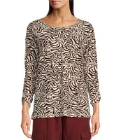 Kinesis Knit Animal Print 3/4 Shirred Sleeve Crew Neck Tee Shirt