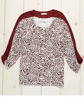 Kinesis Knit Animal Print 3/4 Shirred Sleeve Crew Neck Tee Shirt