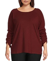 Kinesis Plus Size Knit 3/4 Shirred Sleeve Crew Neck Tee