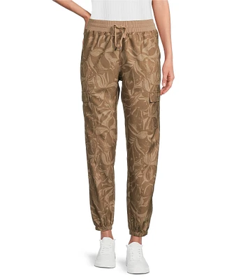 Kinesis Printed Woven Elastic Cinched Cuff Ribbed Waistband Flap Pocket Ankle Joggers
