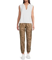 Kinesis Printed Woven Elastic Cinched Cuff Ribbed Waistband Flap Pocket Ankle Joggers