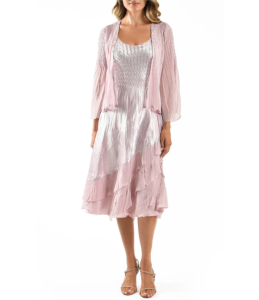 Komarov Beaded Scoop Neck Satin Charmeuse and Chiffon Mixed Media A-line Midi Jacket Dress
