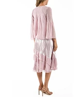 Komarov Beaded Scoop Neck Satin Charmeuse and Chiffon Mixed Media A-line Midi Jacket Dress