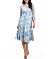 Komarov Boat Neck 3/4 Flutter Sleeve Printed Dress