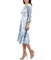 Komarov Boat Neck 3/4 Flutter Sleeve Printed Dress