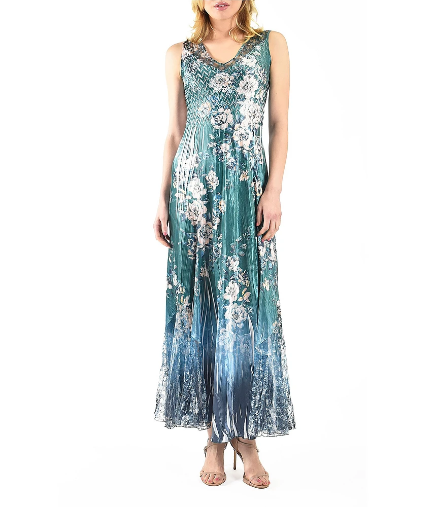 Komarov Calypso Border Floral Lace Charmeuse V-Neck Sleeveless Pyramid Accordion Pleated A-Line Dress