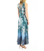 Komarov Calypso Border Floral Lace Charmeuse V-Neck Sleeveless Pyramid Accordion Pleated A-Line Dress