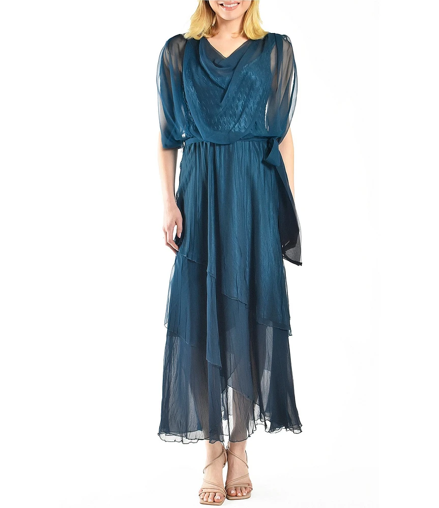 Komarov Charmeuse Accordion Pleated Attached Chiffon Popover Cowl Neck Sleeveless Tiered Midi Dress