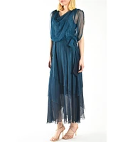 Komarov Charmeuse Accordion Pleated Attached Chiffon Popover Cowl Neck Sleeveless Tiered Midi Dress