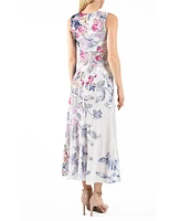 Komarov Charmeuse Chiffon Floral Print V-Neckline Sleeveless Midi Dress