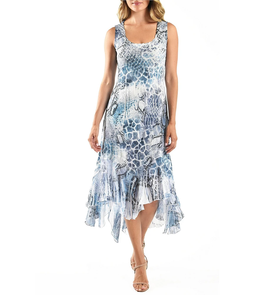 Komarov Charmeuse Chiffon Multi Print Scoop Neck Sleeveless Hanky Hem Fit and Flare Midi Dress