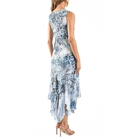 Komarov Charmeuse Chiffon Multi Print Scoop Neck Sleeveless Hanky Hem Fit and Flare Midi Dress