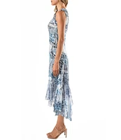 Komarov Charmeuse Chiffon Multi Print Scoop Neck Sleeveless Hanky Hem Fit and Flare Midi Dress